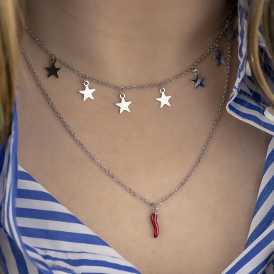 Collana due fili con stelle pendenti e cornetto modello COLORADO in acciaio inox