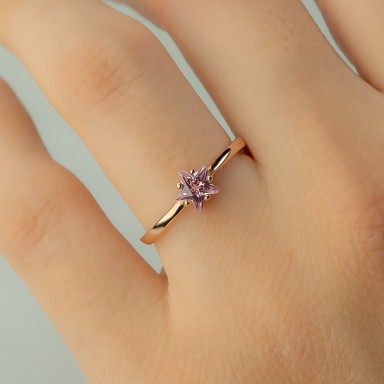 Adjustable star ring in 925 silver rose gold plated pink stone